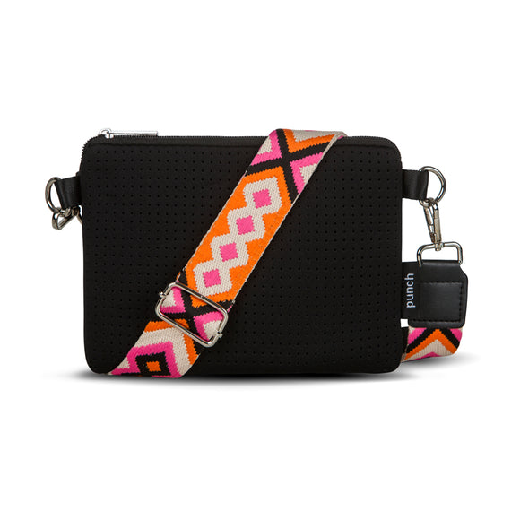 small rectangle crossbody bag black with pink and orange strap
